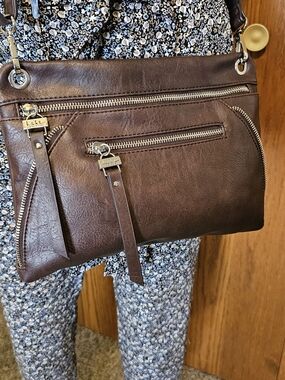 Nicole Miller Dark Brown Leather Crossbody with Zip Accents